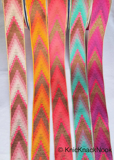 Purple / Green / Pink / Yellow / Beige, Pink And Antique Bronze Embroidered Lace Trim, Chevron Trim